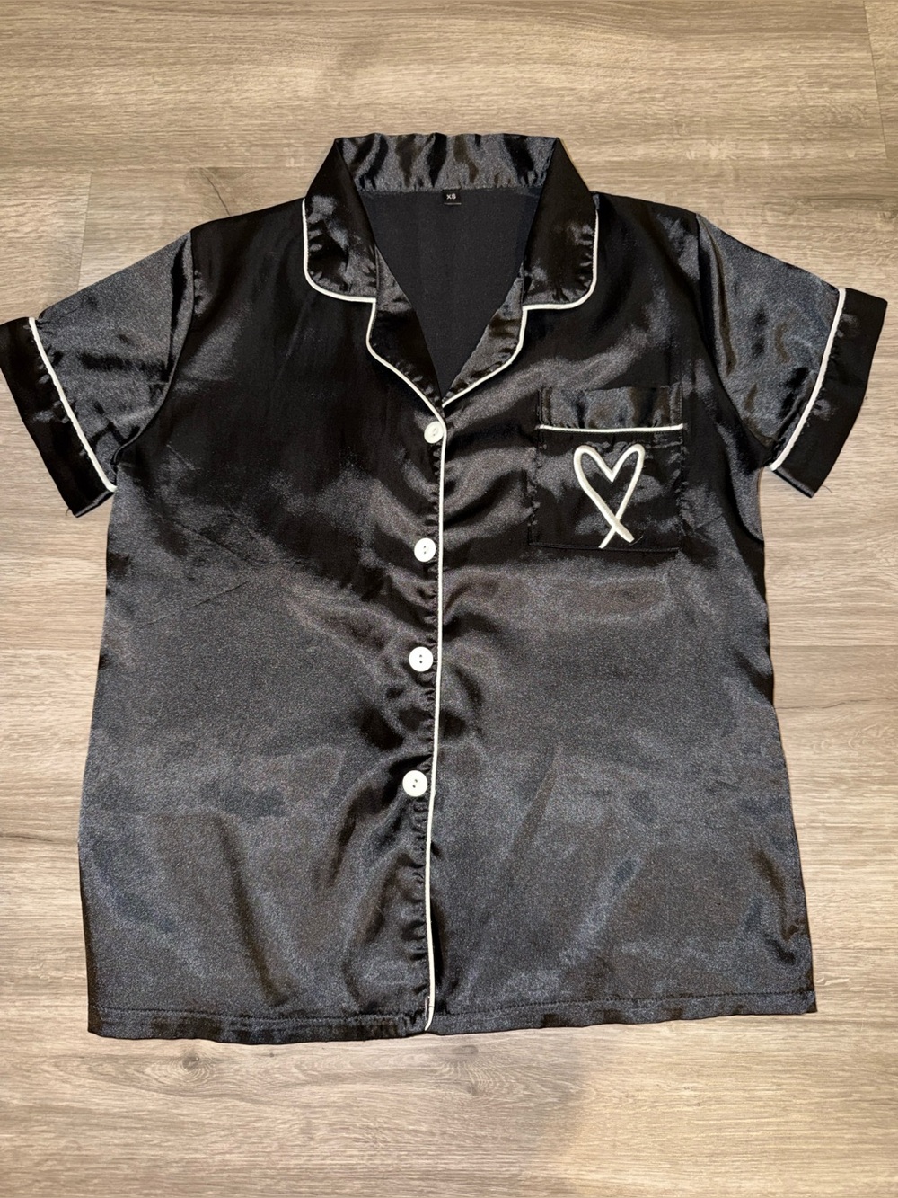 Black Satin Short Sleeve Pajama Top with White Piping